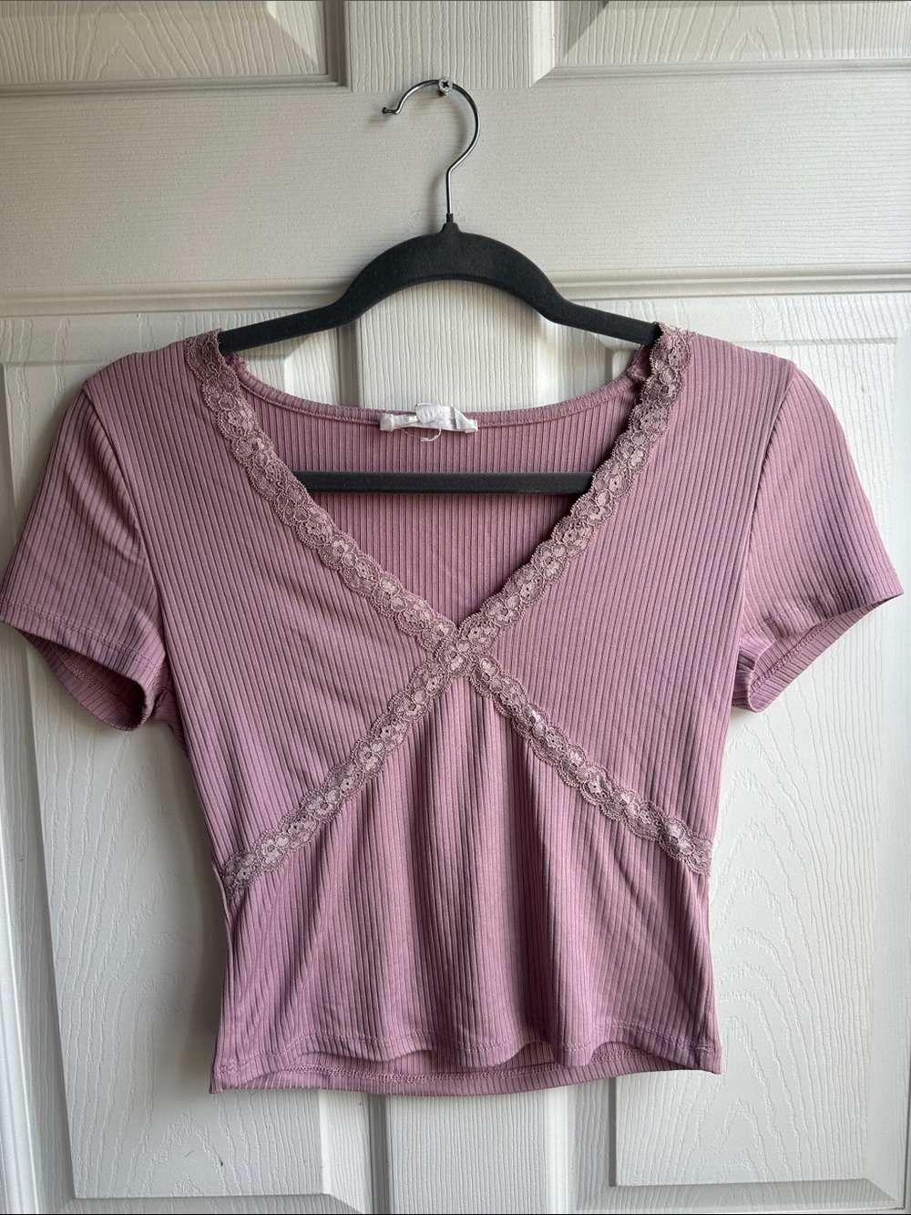Pink Rose Mauve Lace-Trim Ribbed Crop Top